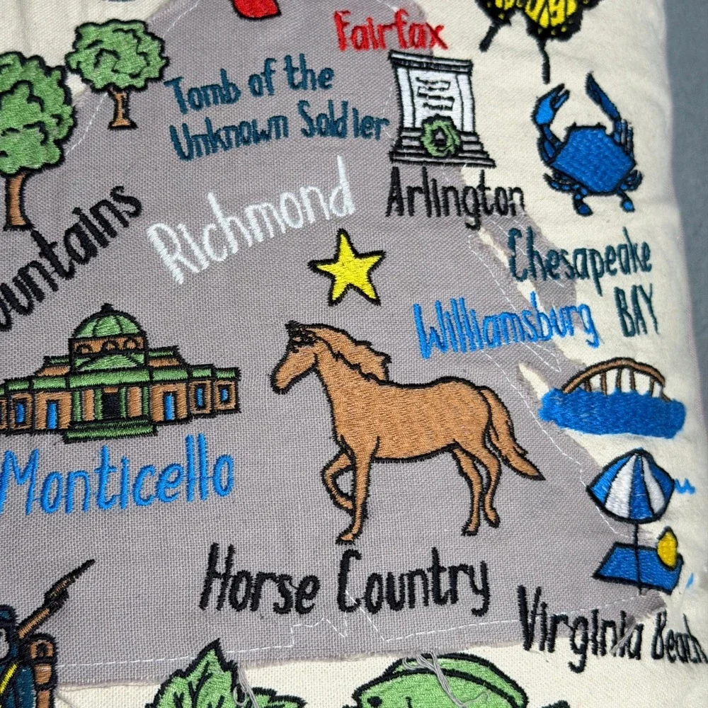 Catstudio Virginia State Hand Embroidered Pillow Old Dominion Retro Map Accent